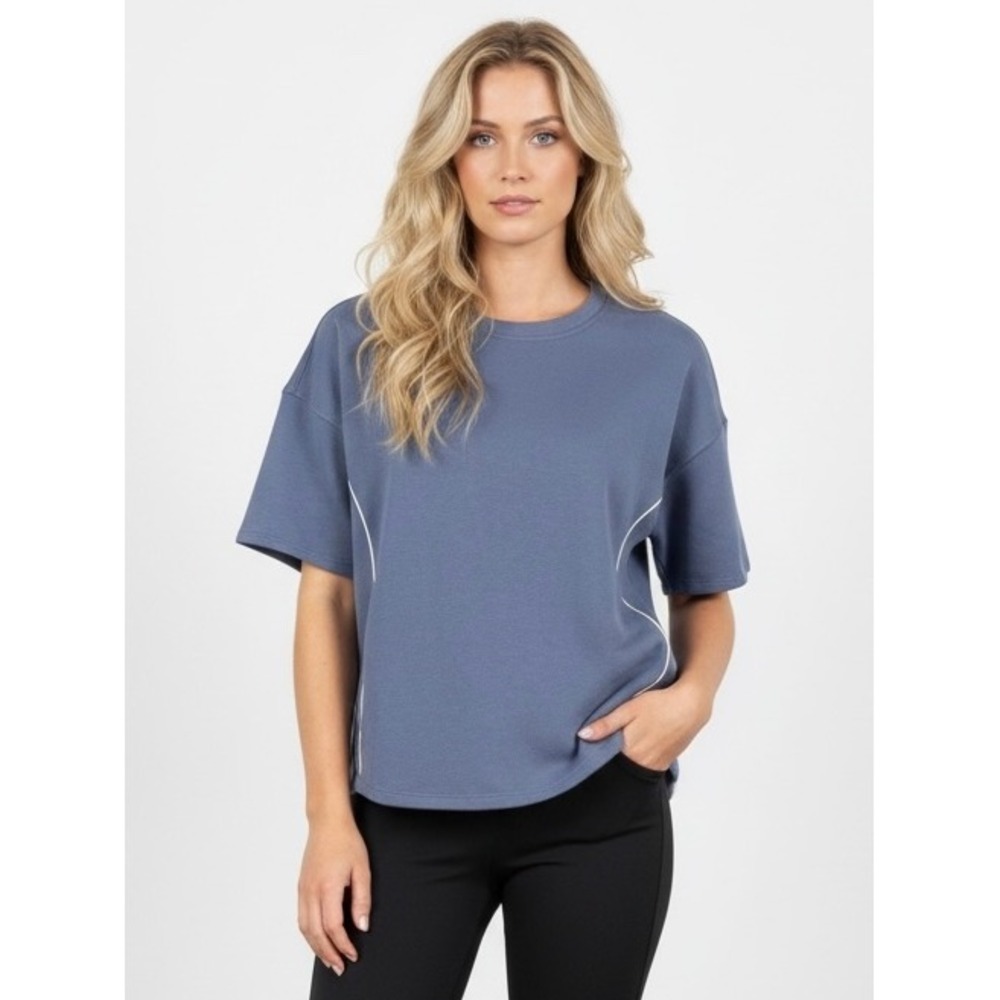 Yogalicious Scuba Cropped Tee Dusty Blue Short Sleeve Piping Top Small Woman's